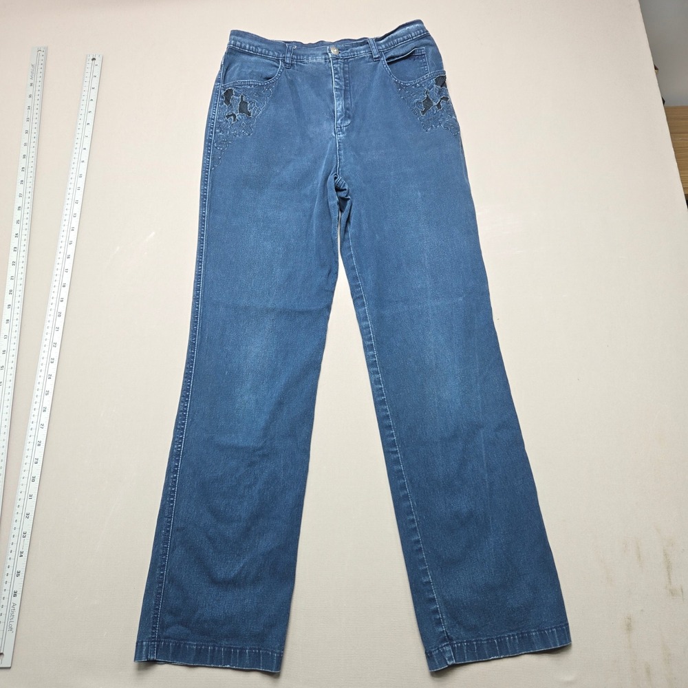 Variations Jeans Couture Beaded Lace Cutout Straight Leg Blue Denim Women Size M
